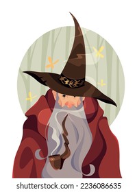 Portrait of an old wizard with a pipe. Smoke, gray beard. Vector illustration, character design.