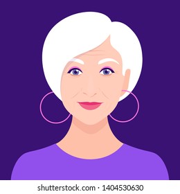 Portrait of an old woman. Avatar fashionable pensioner. Happy old age. Vector flat illustration