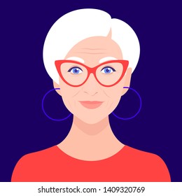 Portrait of an old woman. Avatar fashionable pensioner. Happy old age. Vector flat illustration