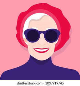 Portrait of an old woman in a beret and sunglasses. Avatar cheerful pensioner. Vector illustration svg