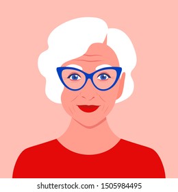 Portrait of an old woman with eyeglasses. Avatar fashionable pensioner. Happy old age. Vector flat illustration