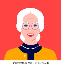 Portrait of an old woman with eyeglasses. Avatar happy grandmother. Social networks. Vector flat illustration