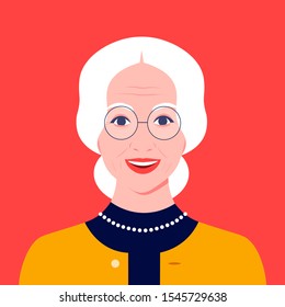 Retrato de una anciana con anteojos. Avatar feliz abuela.Redes sociales. Ilustración plana del vector