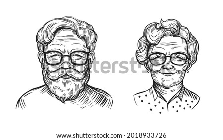 Portrait of an old woman and old man, pensioner. Grandma. Grandfather. Hand drawn vector sketch illustration