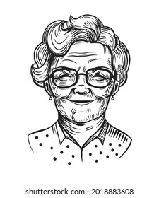 Portrait of an old woman, pensioner. Grandma. Hand drawn vector sketch illustration