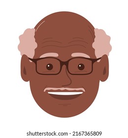 Portrait of a old young man with a happy smile. African American grandfather face with glasses. Gray hair. Flat vector illustration of a male head. Isolated on white background