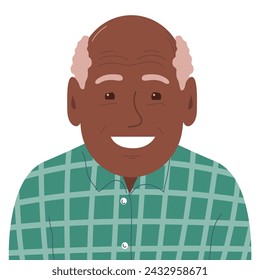 Portrait of a old young man with a happy smile. African American grandfather face. Gray hair. Dressed in a shirt. Flat vector illustration on white background