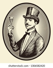 Portrait of old-fashioned, elegant gentleman wearing a cylinder hat with the wine glass in his hand, vintage vector image.