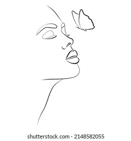 Retrato en una línea. La cara de una mujer con una mariposa es un retrato lineal sólido. Ilustración moderna de estilo minimalista para afiches, avatares.