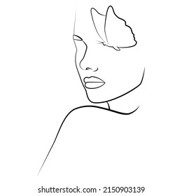 Portrait in one line. A woman's face with a butterfly is abstractly one solid linear portrait. Modern minimalist style illustration for posters, avatars.