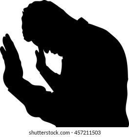 portrait one sad man standing near a wall, Desperate man in silhouette on white background