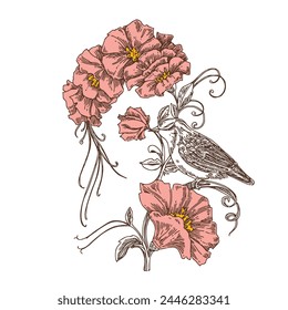 Portrait optical illusion. Two images. woman and bird on  branch flowers. Engraving style. Vector illustration.