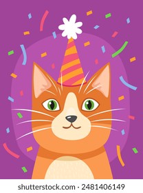 Portrait of an orange cute cat in a festive cap. Purple background, multi-colored confetti. Birthday card. Cute cartoon illustration.
