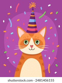 Portrait of an orange cute cat in a festive cap. Big cat with green eyes. Purple background, colorful confetti. Birthday card. Cute cartoon illustration.