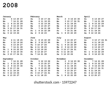 portrait oriented calendar grid of 2008 year
