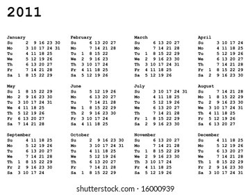 portrait oriented calendar grid of 2011 year