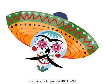 Portrait of ornamental sugar skull or calavera decorated for Day of the Dead vector flat illustration. Smiling traditional Mexican skeleton face with mustache and flower design elements isolated