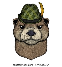 Portrait of otter. Austrian bavarian tirol hat. Beer festival. Oktoberfest.Cute animal head.