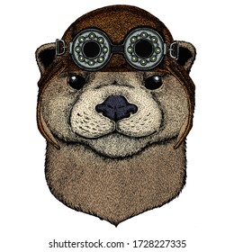 Portrait of otter. Cute animal head. Aviator flying leather helmet with googles.