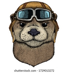 Portrait of otter. Cute animal head. Vintage aviator helmet with googles.