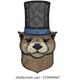 Portrait of otter. Cute animal head. Cylinder hat.