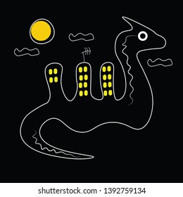 Portrait of an outline of a dragon over a dark city as background looks funny  vector  color drawing or illustration