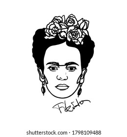 Portrait of the outrageous Mexican artist Frida Kahlo. Black and white linear image of a woman's face. National Mexican hairstyle with flowers. Stock vector illustration.