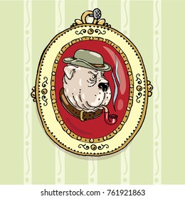 Portrait in an oval frame: bulldog head with a smoking pipe, in a hat and a collar