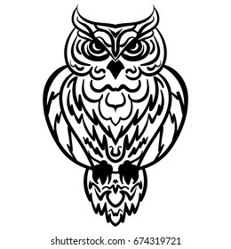 Portrait owl Decorative Stylized Line art Black and white Isolated Tattoo Tribal pattern Vector illustration