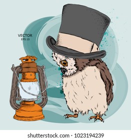 Portrait of a Owl in a hat. Can be used for printing on T-shirts, flyers, etc. Vector illustration