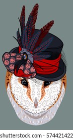 Portrait of Owl in hat with feather and veil