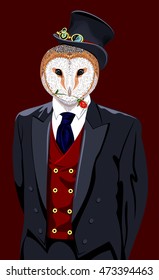 Portrait of an owl in a man's suit and top hat
