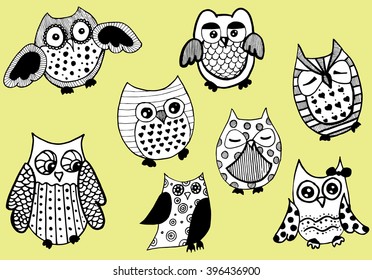Portrait of an owl. Owls Head. Abstract bird. Print. Profile. Decorative. Stylized. Line art. Drawing by hand. Black and white. Isolated. Tattoo. Set.