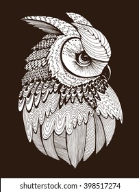 Portrait Of An Owl. Owls Head. Abstract Bird. Print. Profile. Decorative. Stylized. Line Art. Drawing By Hand. Black And White. Isolated. Tattoo.