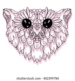 Portrait of an owl. Owls Head. Abstract bird. Print. Profile. Decorative. Stylized. Line art. Drawing by hand. Black and white. Isolated. Tattoo.