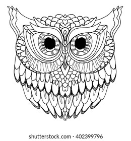 Portrait of an owl. Owls Head. Abstract bird. Print. Profile. Decorative. Stylized. Line art. Drawing by hand. Black and white. Isolated. Tattoo.