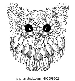 Portrait of an owl. Owls Head. Abstract bird. Print. Profile. Decorative. Stylized. Line art. Drawing by hand. Black and white. Isolated. Tattoo.