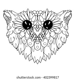 Portrait of an owl. Owls Head. Abstract bird. Print. Profile. Decorative. Stylized. Line art. Drawing by hand. Black and white. Isolated. Tattoo.