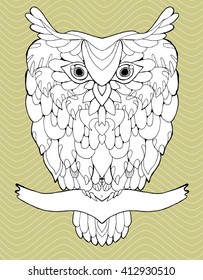 Portrait of an owl. Owls Head. Abstract bird. Print. Profile. Decorative. Stylized. Line art. Drawing by hand. Black and white. Isolated. Tattoo.