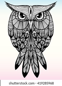 Portrait of an owl. Owls Head. Abstract bird. Print. Profile. Decorative. Stylized. Line art. Drawing by hand. Black and white. Isolated. Tattoo.