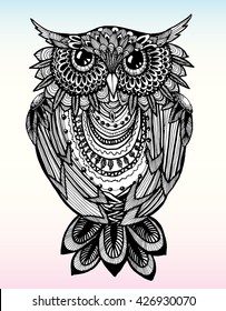 Portrait of an owl. Owls Head. Abstract bird. Print. Profile. Decorative. Stylized. Line art. Drawing by hand. Black and white. Isolated. Tattoo.