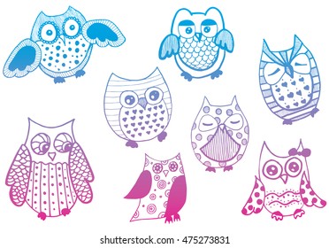 Portrait of an owl. Owls Head. Abstract bird. Print. Profile. Decorative. Stylized. Line art. Drawing by hand. Black and white. Isolated. Tattoo. Set.