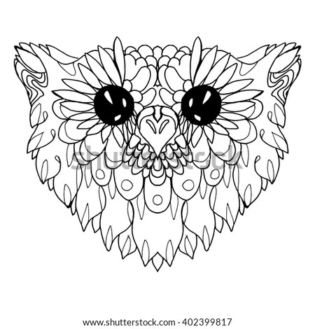 Portrait of an owl. Owls Head. Abstract bird. Print. Profile. Decorative. Stylized. Line art. Drawing by hand. Black and white. Isolated. Tattoo.