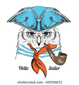 Portrait of owl in sailor hat and with tobacco pipe. Vector illustration.