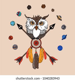 Portrait of a Owl sits on the catcher of dreams. Can be used for printing on T-shirts, flyers and stuff. Vector illustration