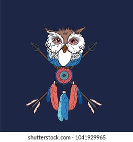Portrait of a Owl sits on the catcher of dreams. Can be used for printing on T-shirts, flyers and stuff. Vector illustration