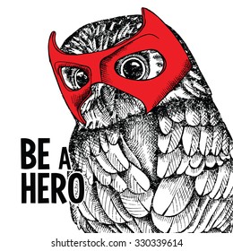 Portrait of a owl wearing the red mask of hero. Vector illustration.