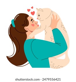 Portrait of the owner of a cute pet. A girl with an adorable cat in her arms. Vector flat graphic illustration for a mobile application or website