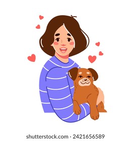 Portrait of the owner of a cute pet. A woman with a small adorable puppy in her arms. Vector flat illustration for a mobile application or website