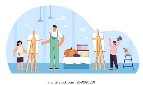 Retrato de pintor y niños frente al dibujo de aprendizaje de caballitos. Profesora de arte dando clase a niños en ilustraciones vectoriales planas escolares. Clases de pintura, arte, hobby, concepto educativo